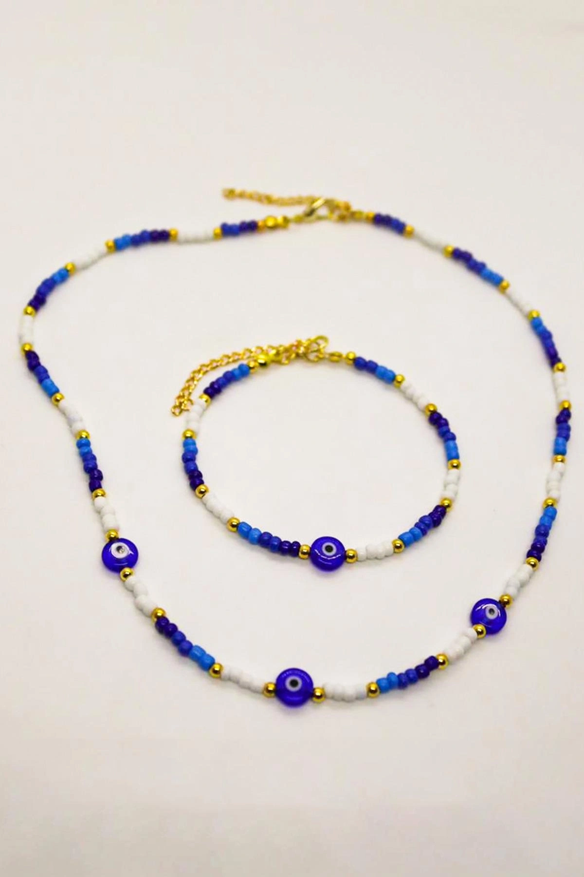 Nazar Boncuğu Figürlü Boncuklu Kolye ve Bileklik Takım