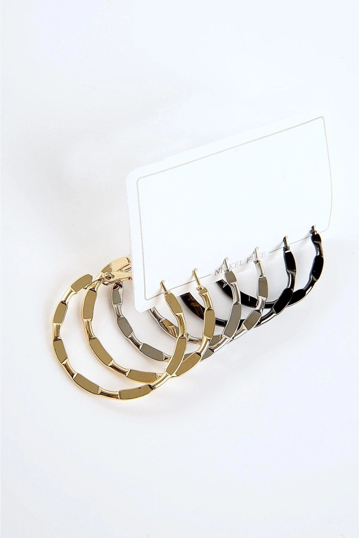 Gold Gümüş ve Siyah Renkleri 3lü Halka Küpe Seti