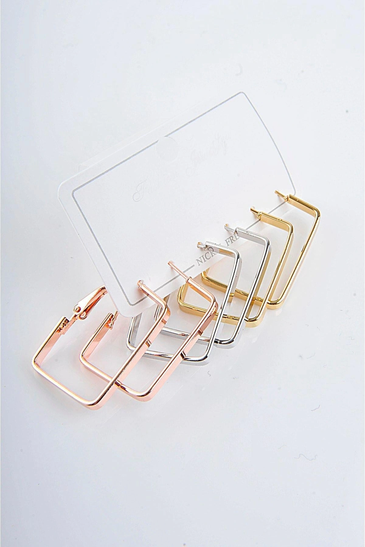 Dikdörtgen Tasarımlı Gold Gümüş Ve Rose Renk Sade Halka Set