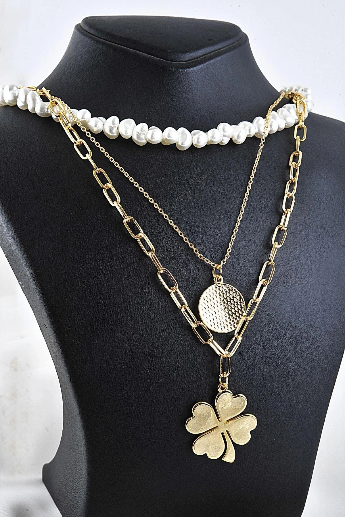 Yonca Tasarımlı Cam Incili Yüksek Kaliteli 3lü Zincirli Kolye