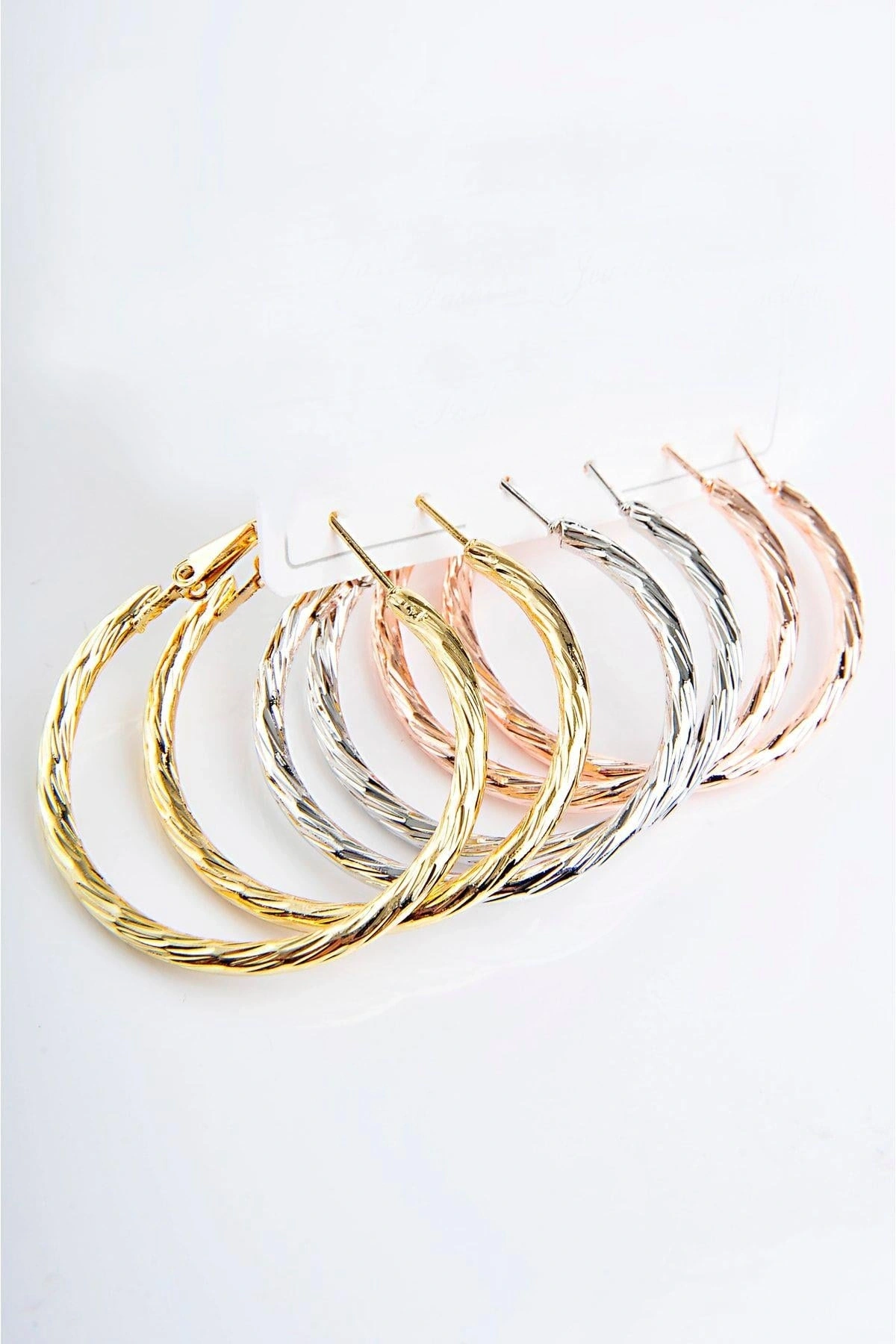 Tırtıklı Halka Tasarımlı Gold Gümüş Ve Rose Renk Sade Halka Set