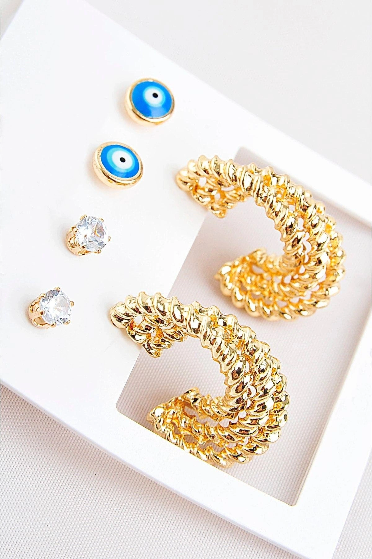 Zirkonium Nazarlık Tasarımlı Halka Ve Tektaş Küpeli 6lı Küpe Seti