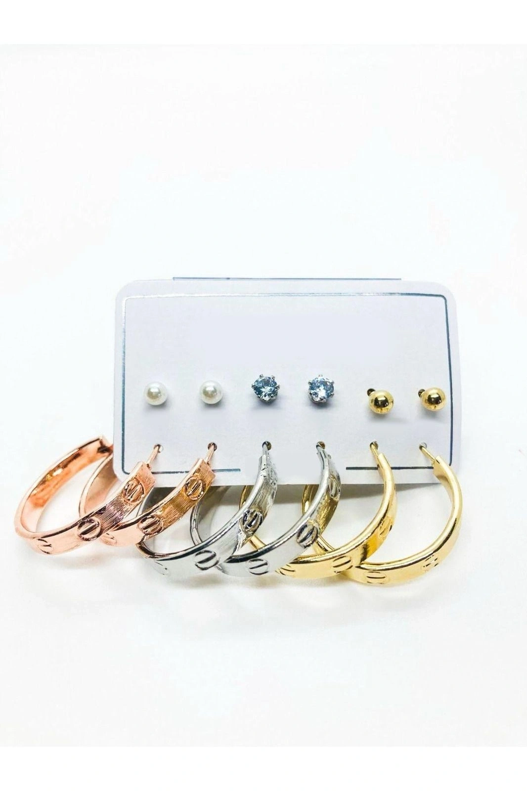 Kartiyer Model Halka Tasarımlı Gold Gümüş Ve Rose Renk Zirkon Inci Ve Top Küpeli Küpe Seti