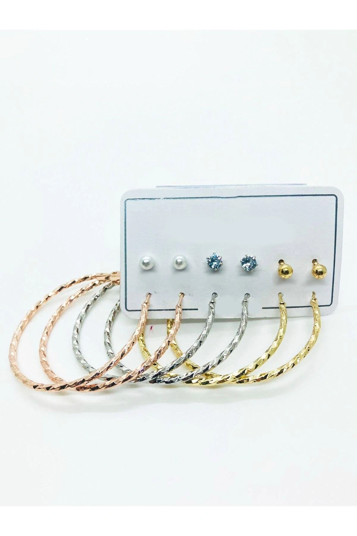 Kıvrımlı Halka Tasarımlı Gold Gümüş Ve Rose Renk Zirkon Inci ve Top Küpeli Küpe Seti