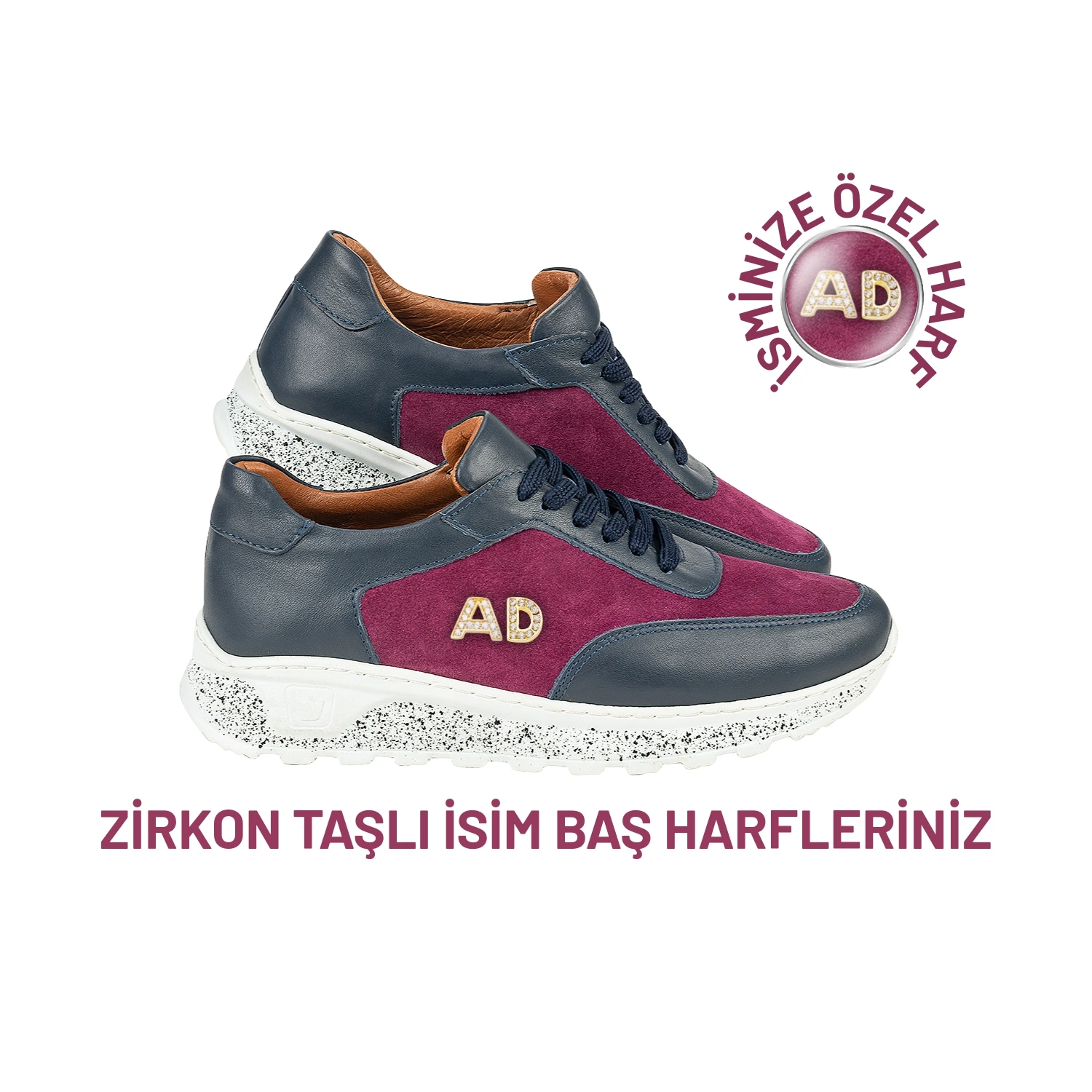 İsim Baş Harfleri ile Kişiselleştirilebilir Hakiki Deri Sneaker Bayan Spor Ayakkabı Mor Lacivert
