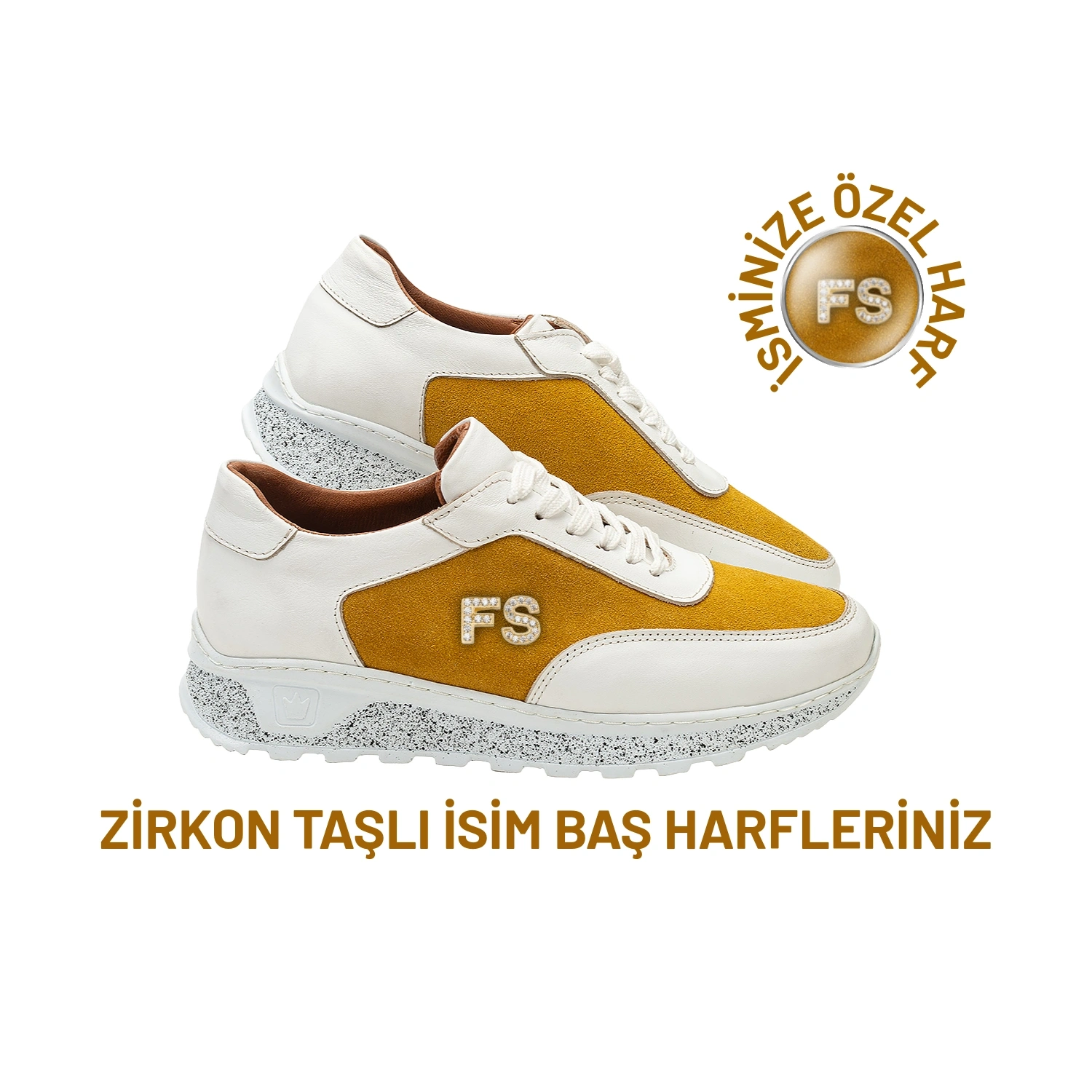 İsim Baş Harfleri ile Kişiselleştirilebilir Hakiki Deri Sneaker Bayan Spor Ayakkabı Hardal Krem