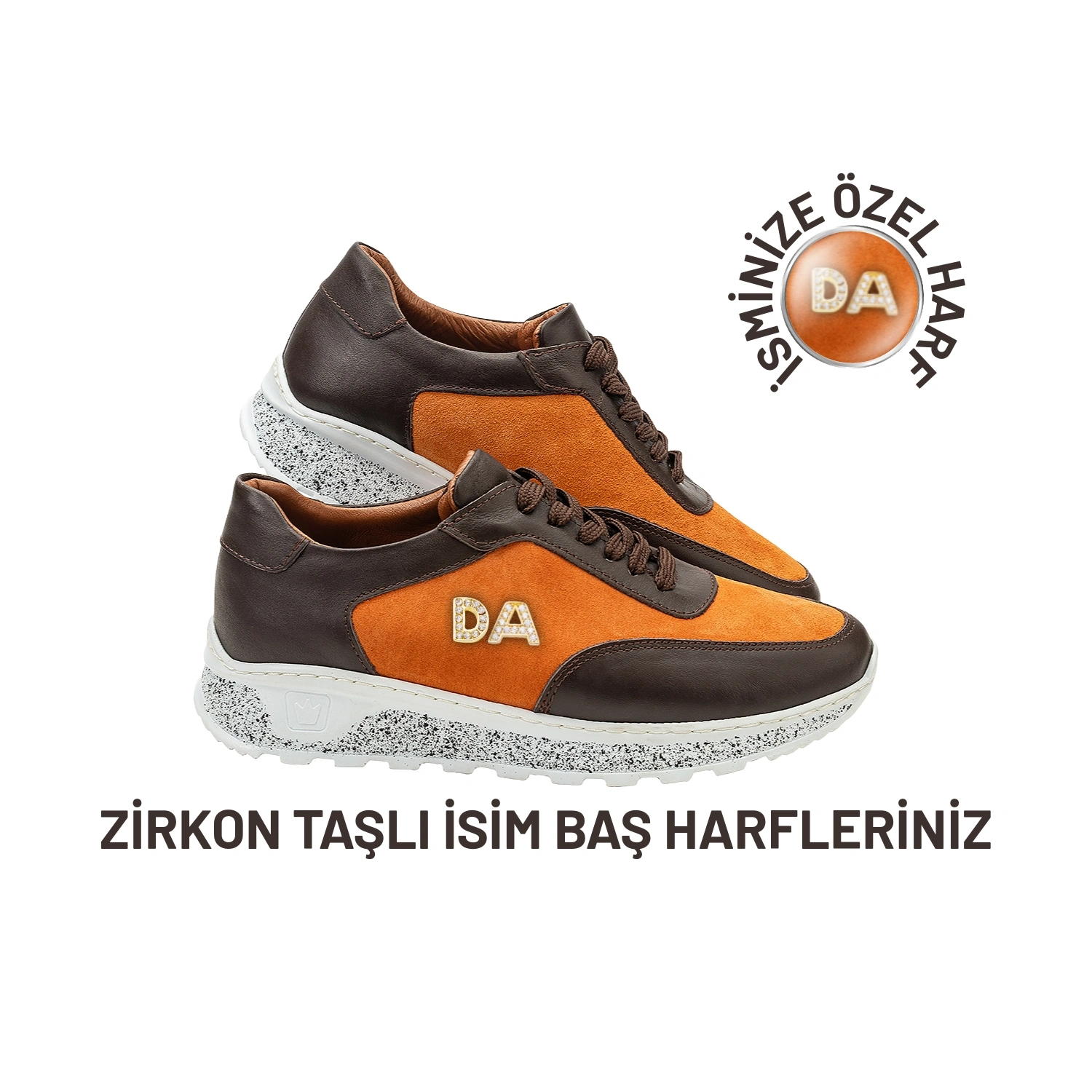 İsim Baş Harfleri ile Kişiselleştirilebilir Hakiki Deri Sneaker Bayan Spor Ayakkabı Turuncu Kahve