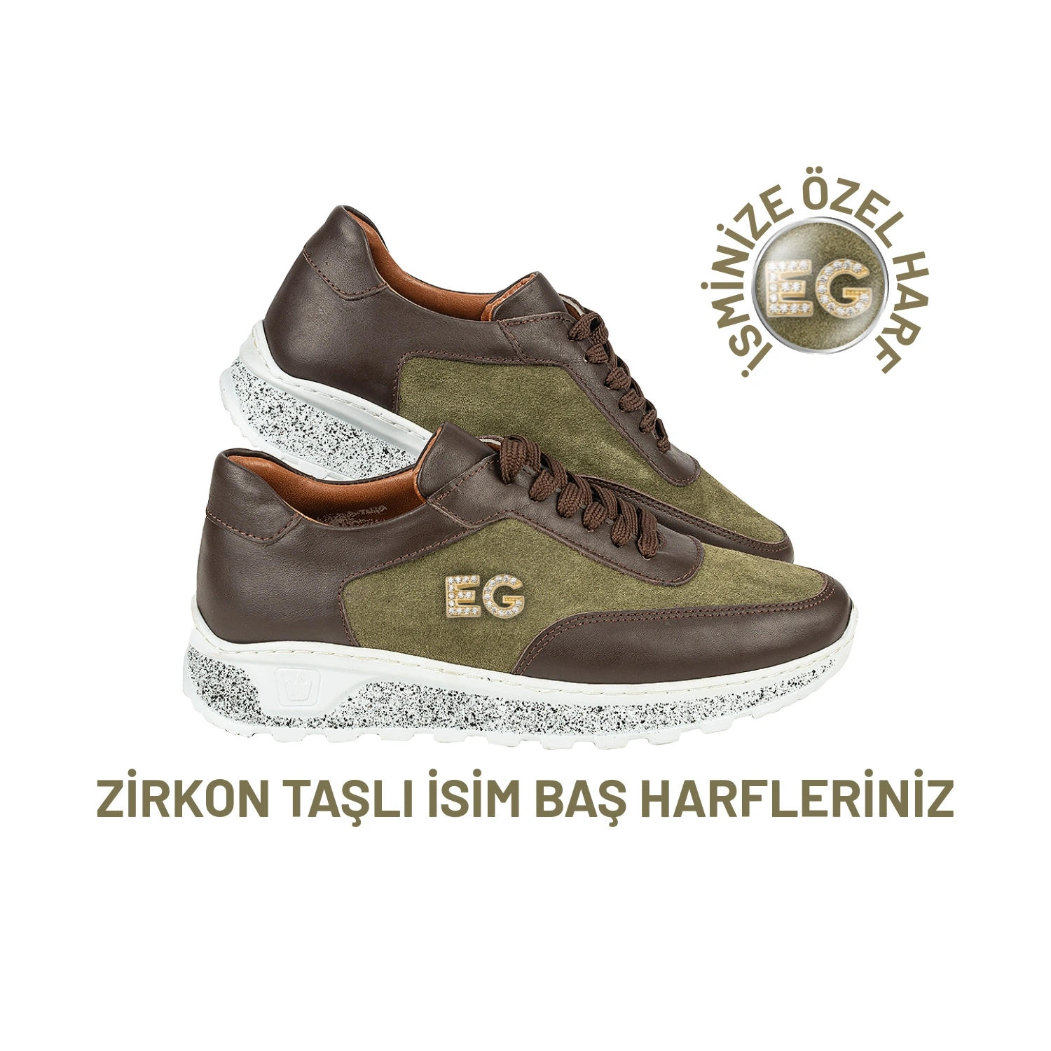 İsim Baş Harfleri ile Kişiselleştirilebilir Hakiki Deri Sneaker Bayan Spor Ayakkabı Haki Kahve