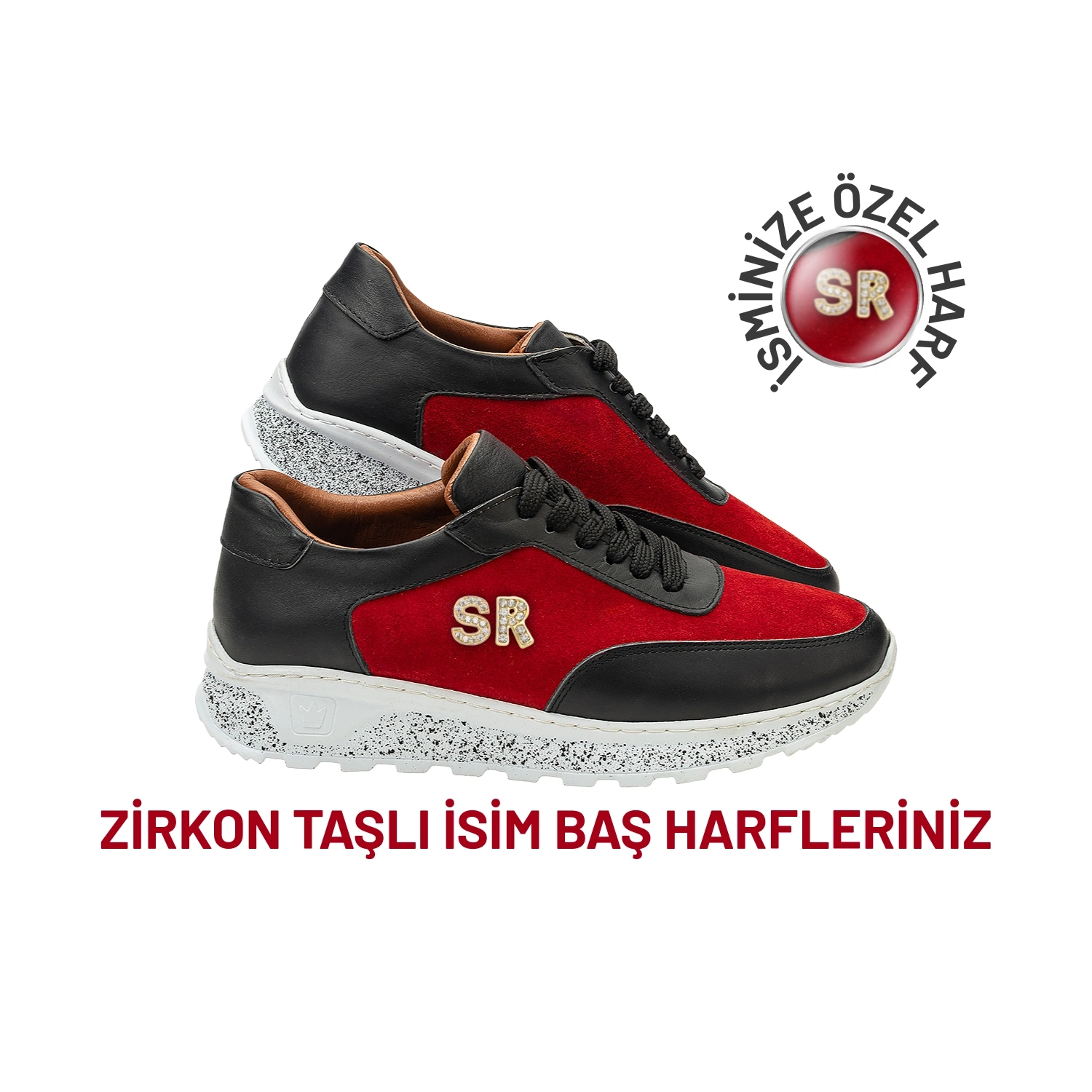İsim Baş Harfleri ile Kişiselleştirilebilir Hakiki Deri Sneaker Bayan Spor Ayakkabı Kırmızı Siyah