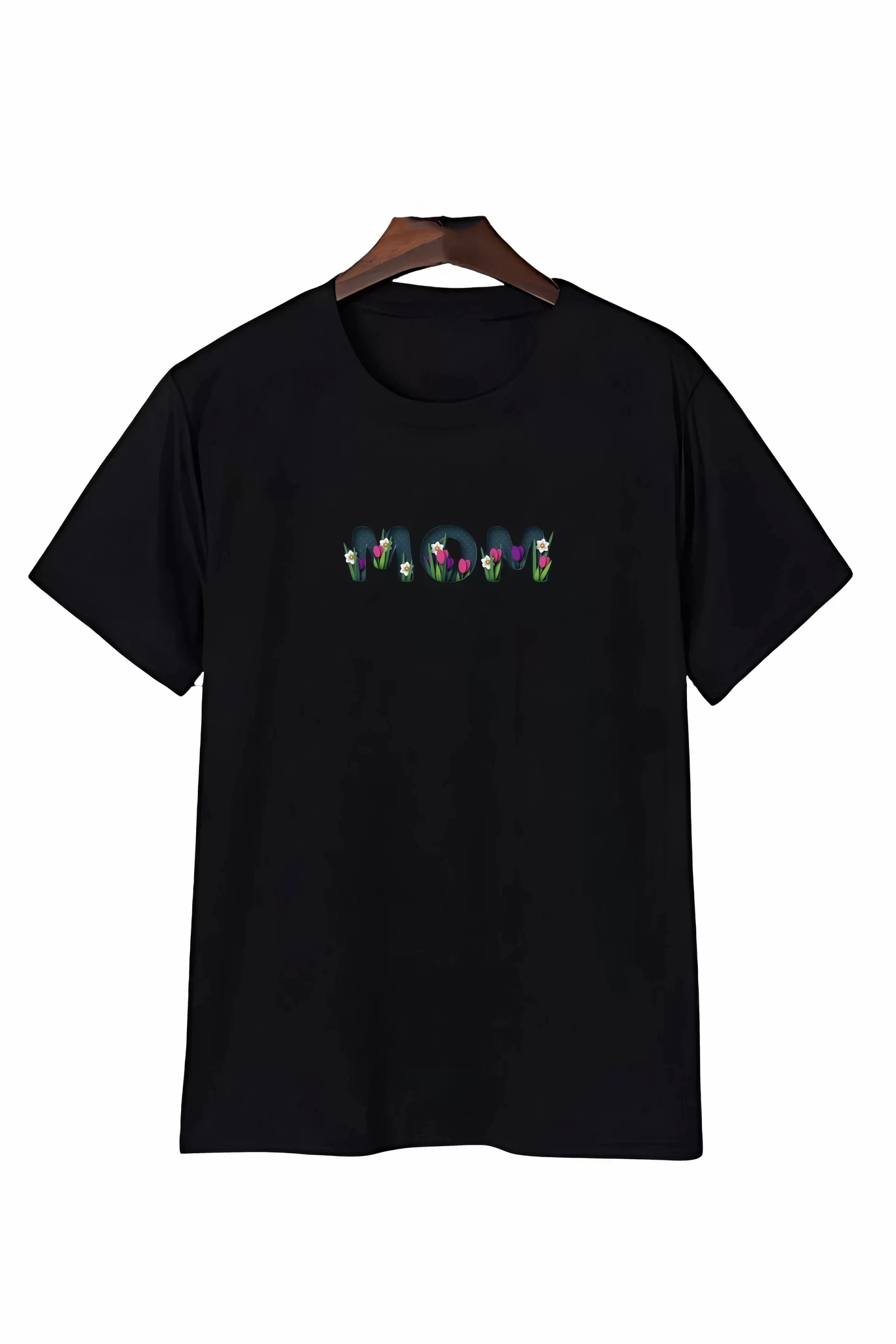 Anneler Gününe Özel Tasarım mom Çiçek Baskılı T-shirt - Siyah
