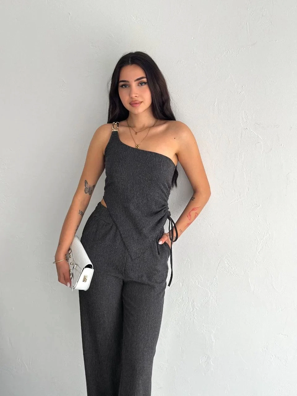 Asimetrik Crop Pantalon ikili Takım - Füme