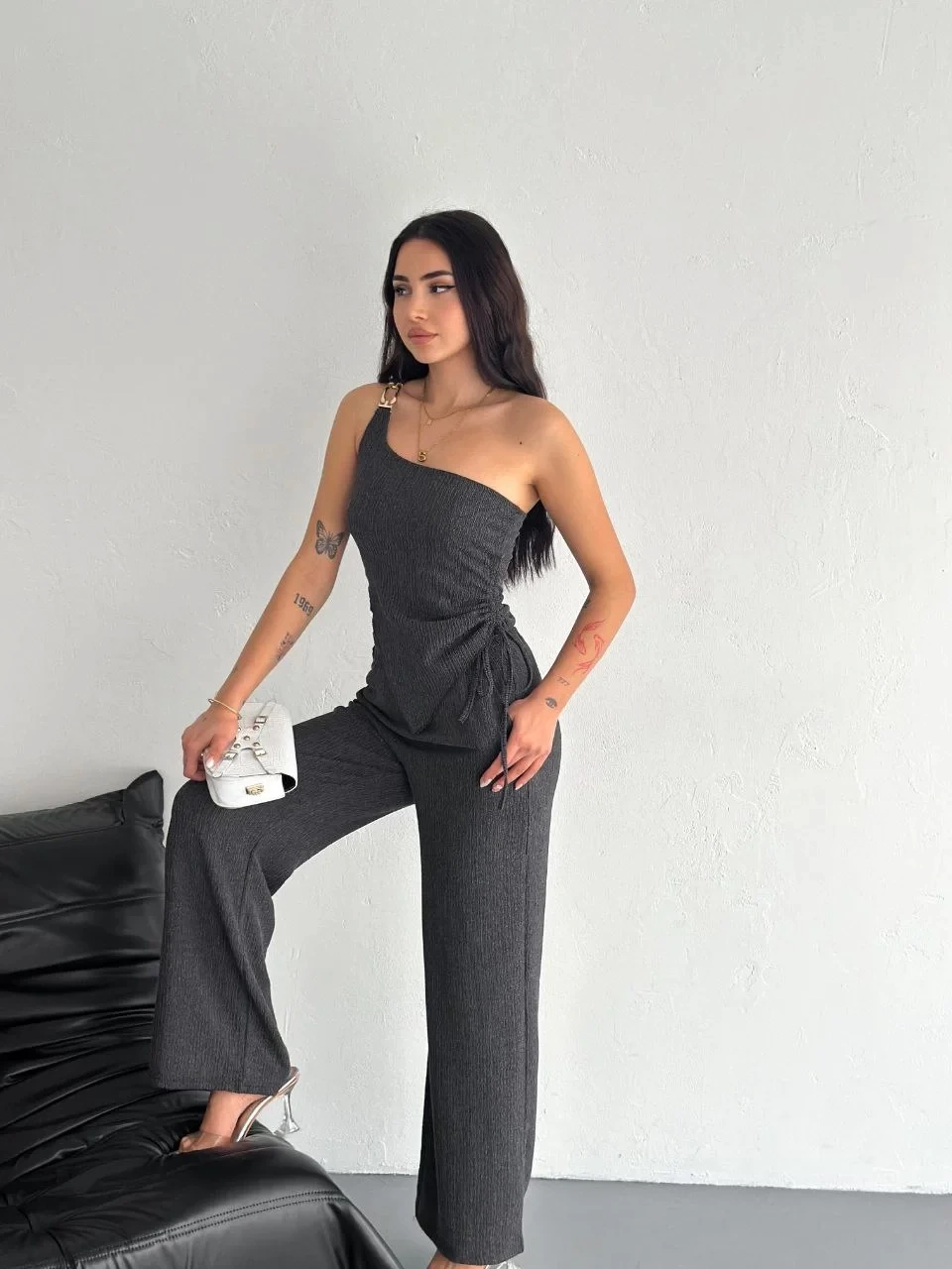 Asimetrik Crop Pantalon ikili Takım - Füme