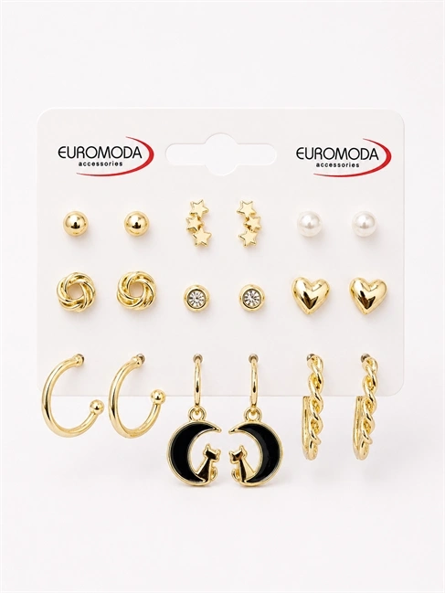 Ay Kedi Detaylı Gold Renk 9lu Küpe Seti