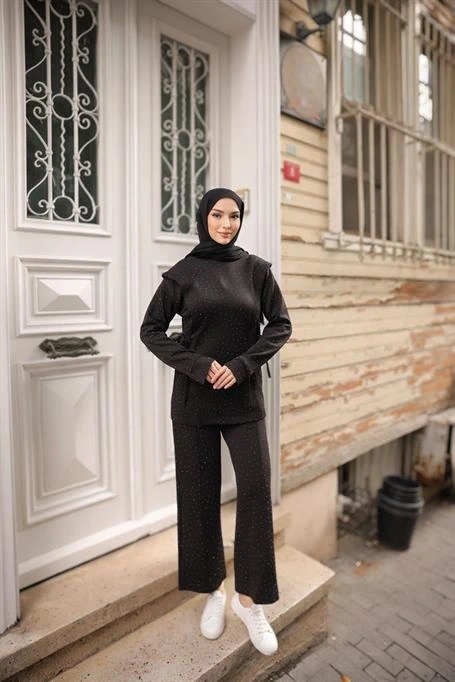 Bağcık Kuşak Detaylı Taşlı İkili Tesettür Eşofman Takımı - (38-46) - 71366 - Lacivert