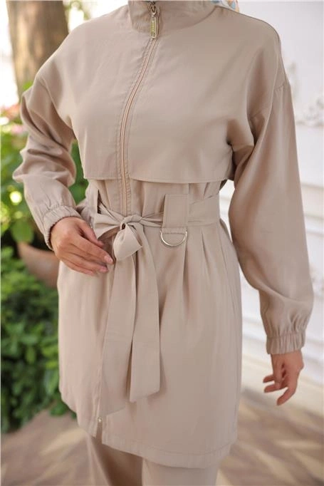 Balıkçı Yaka Belden Bağcıklı Fermuarlı İkili Tesettür Eşofman Takımı - (38-46) - 71301 - Bej