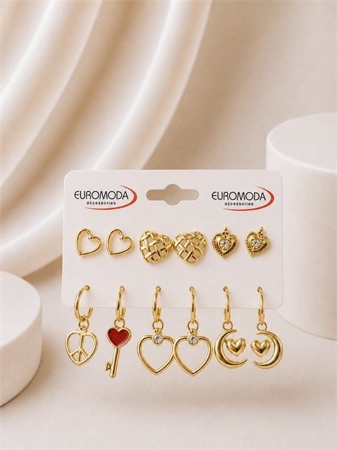 Barış Sembolü Kalp Figürlü Gold Renk 6lı Küpe Seti