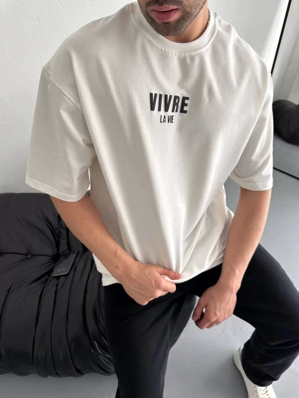 Baskılı Oversize Bisiklet Yaka T-shirt - Beyaz
