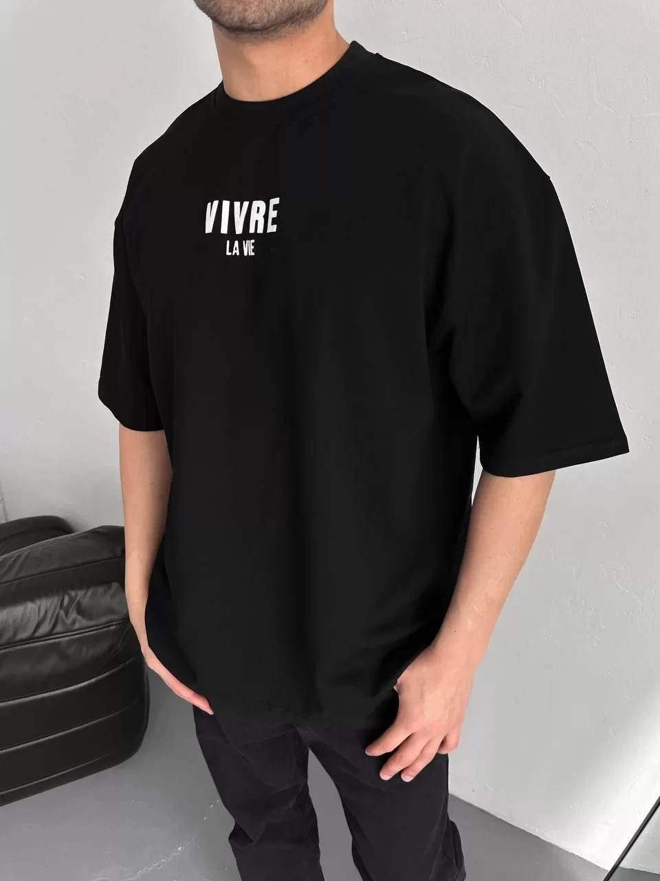 Baskılı Oversize Bisiklet Yaka T-shirt - Siyah