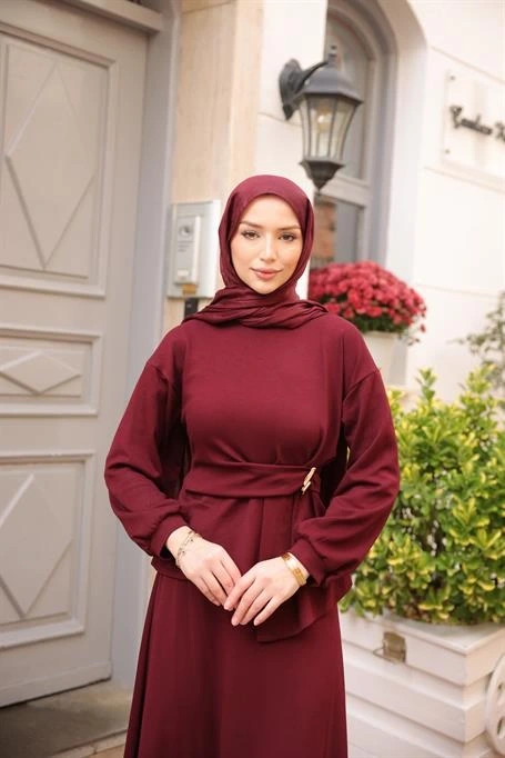 Belden Toka Detay Bağcıklı İkili Tesettür Etek Takımı - (38-46) - 71362 - Bordo