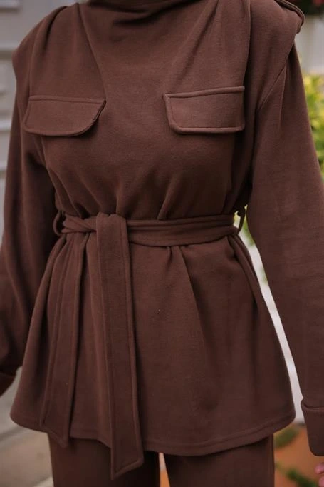 Boğazlı Belden Bağcıklı Cep Detaylı İkili Tesettür Eşofman Takımı - (38-46) - 71377 - Kahverengi