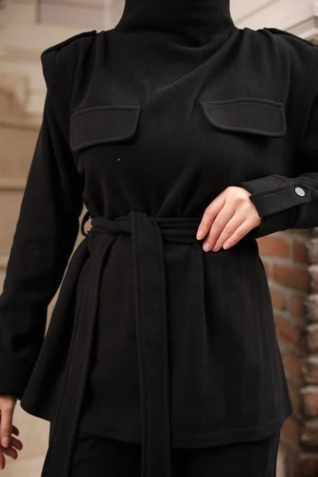 Boğazlı Belden Bağcıklı Cep Detaylı İkili Tesettür Eşofman Takımı - (38-46) - 71377 - Siyah