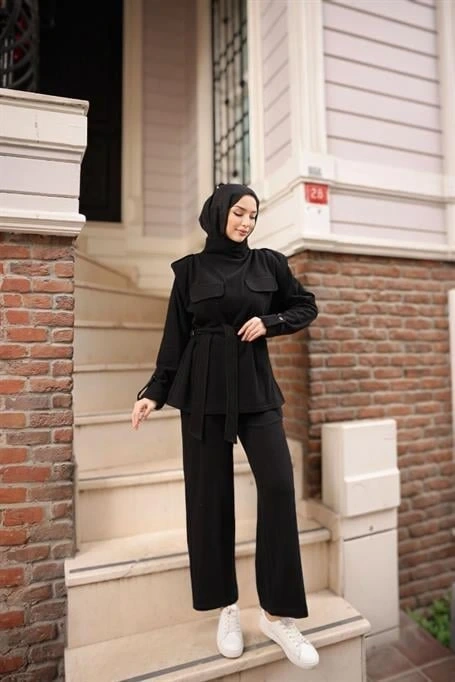 Boğazlı Belden Bağcıklı Cep Detaylı İkili Tesettür Eşofman Takımı - (38-46) - 71377 - Siyah