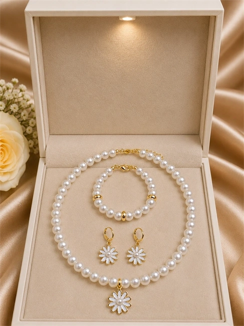 Çiçek Detaylı İnci Gold Renk 3lü Kolye Bileklik Ve Küpe Seti