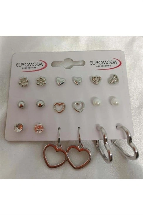 Çiçek Kalp Figürlü 9lu Küpe Seti