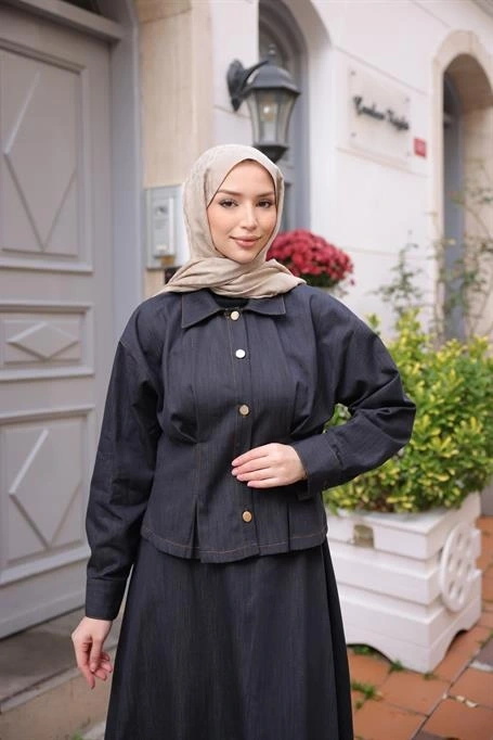 Çıtçıtlı Gömlek Yaka İkili Tesettür Kot Etek Takımı - (38-46) - 71361 - Lacivert