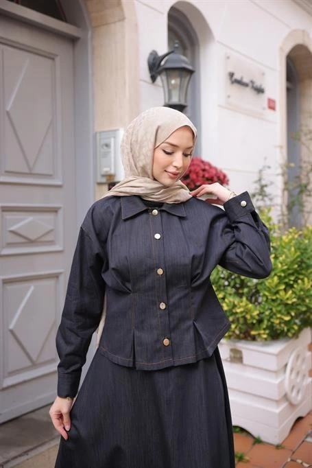 Çıtçıtlı Gömlek Yaka İkili Tesettür Kot Etek Takımı - (38-46) - 71361 - Lacivert