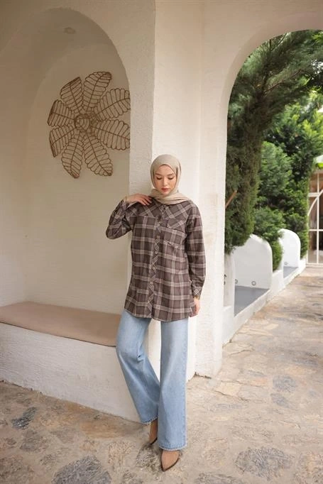 Desenli Cepli Uzun Kesim Ekose Gömlek - (38-46) - 71368 - Bej