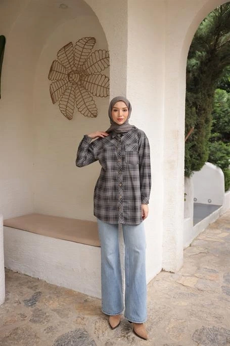 Desenli Cepli Uzun Kesim Ekose Gömlek - (38-46) - 71368 - Gri