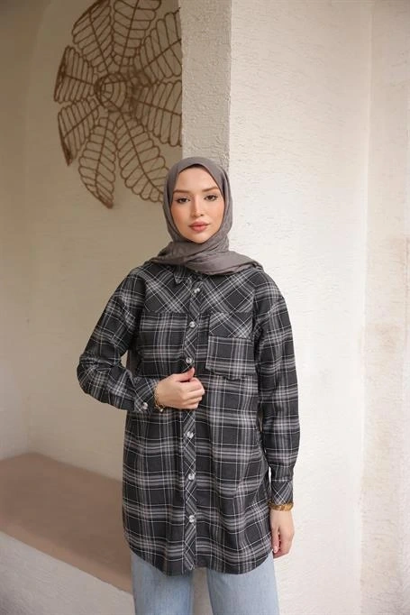 Desenli Cepli Uzun Kesim Ekose Gömlek - (38-46) - 71368 - Siyah