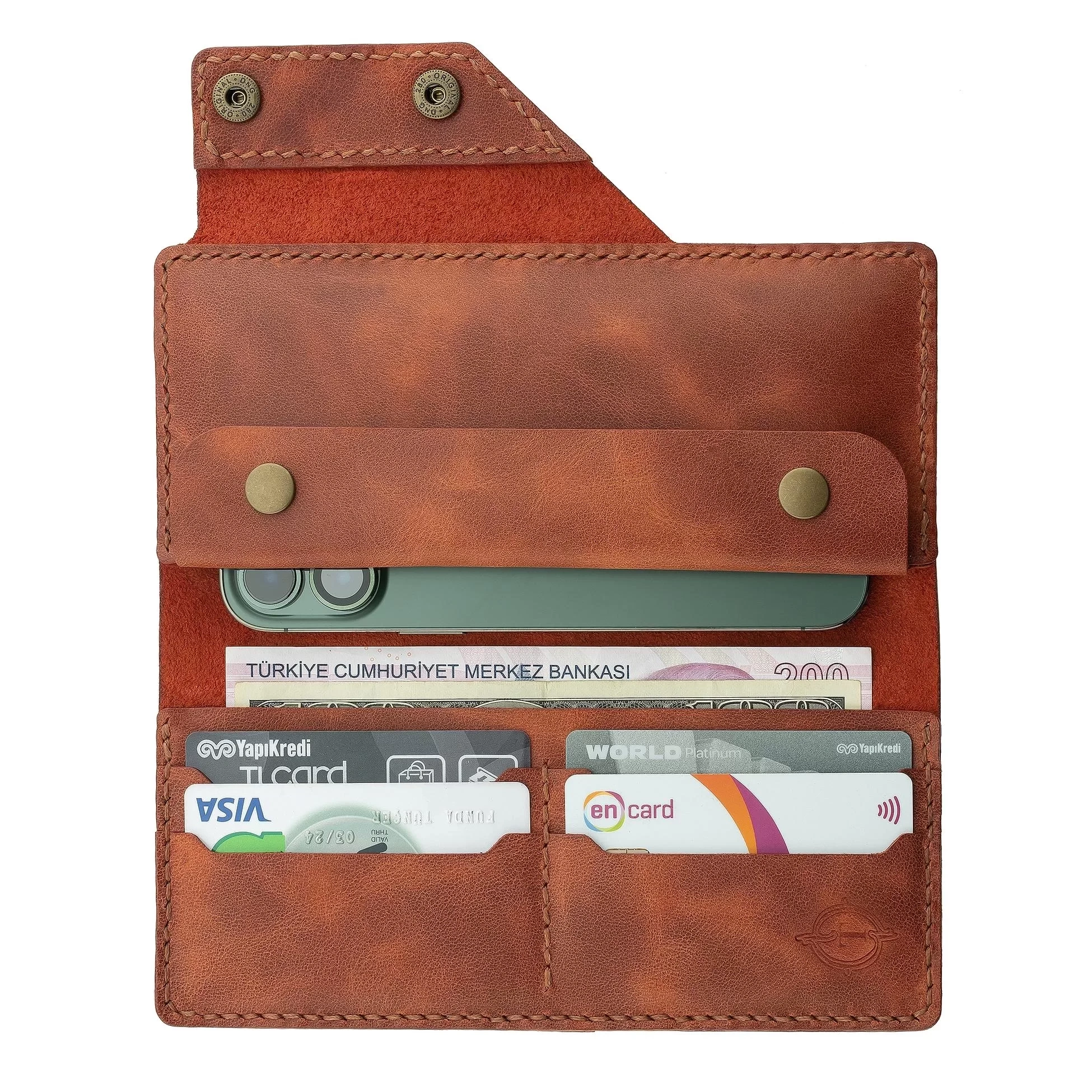 İsme Özel Dikey Çıtçıtlı Uzun Cüzdan - %100 Rainbow Deri - A010006 - Tobacco
