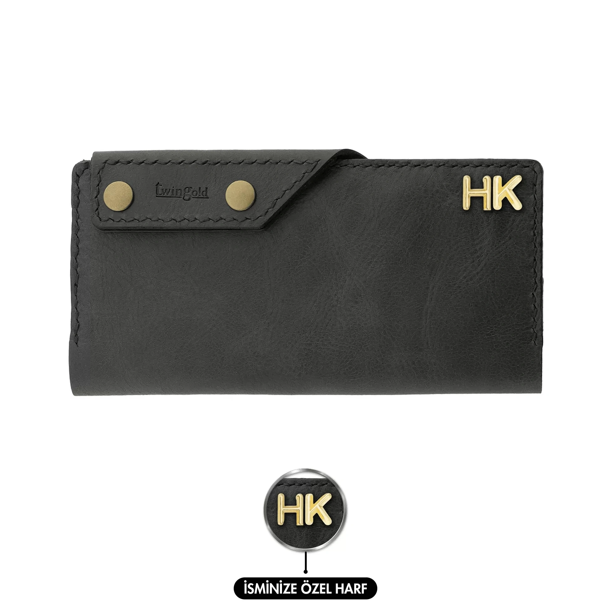 İsme Özel Dikey Çıtçıtlı Uzun Cüzdan - %100 Rainbow Deri - A010006 - Antrasit