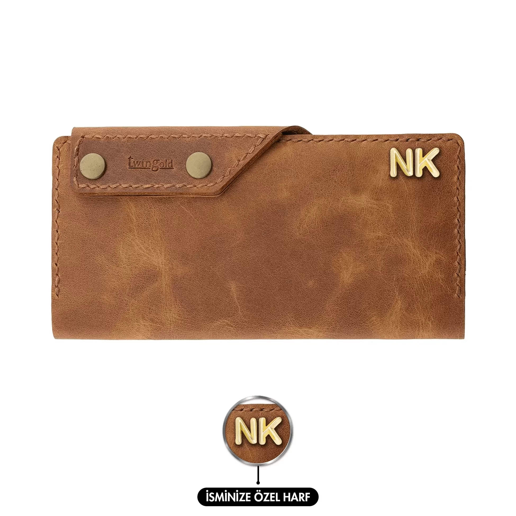 İsme Özel Dikey Çıtçıtlı Uzun Cüzdan - %100 Rainbow Deri - A010006 - Camel