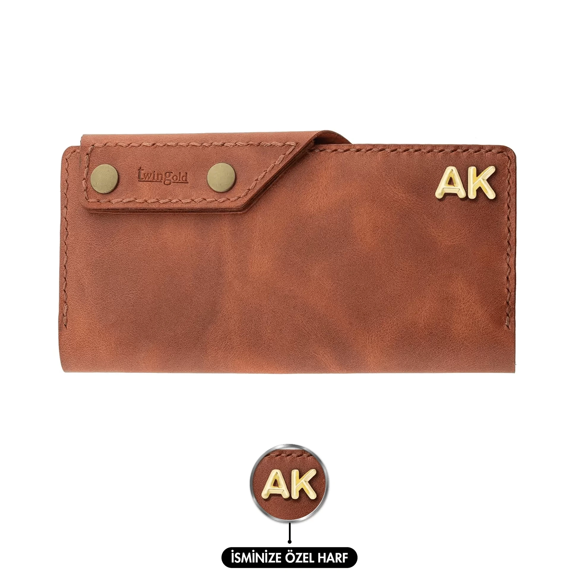 İsme Özel Dikey Çıtçıtlı Uzun Cüzdan - %100 Rainbow Deri - A010006 - Tobacco