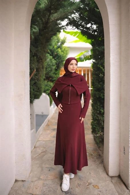 Dikey Fermuarlı Şal Detaylı İkili Tesettür Etek Takımı - (38-46) - 71380 - Bordo