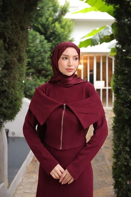 Dikey Fermuarlı Şal Detaylı İkili Tesettür Etek Takımı - (38-46) - 71380 - Bordo