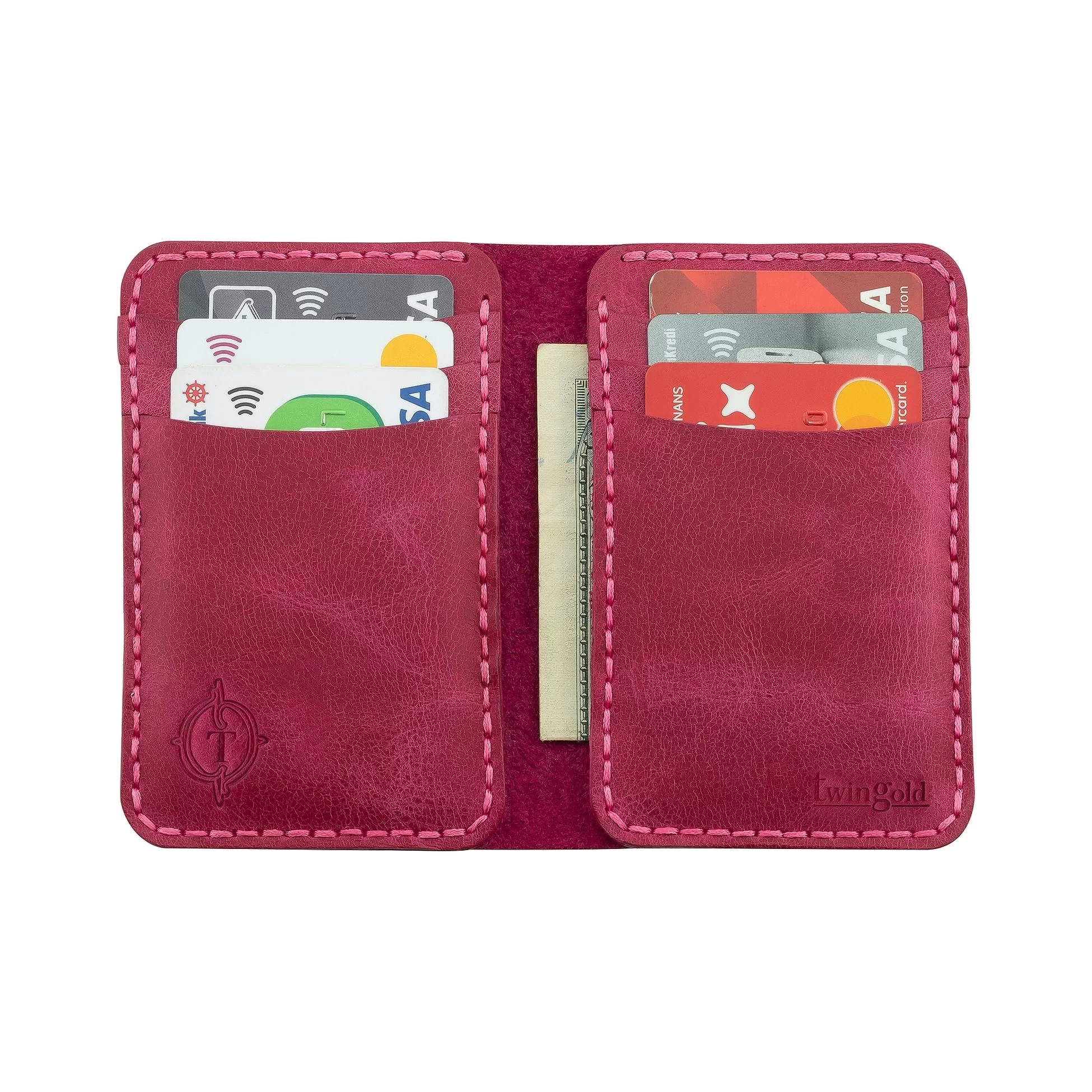 İsme Özel Dikey Mini Cüzdan - %100 Rainbow Deri - A010005 - Fuşya