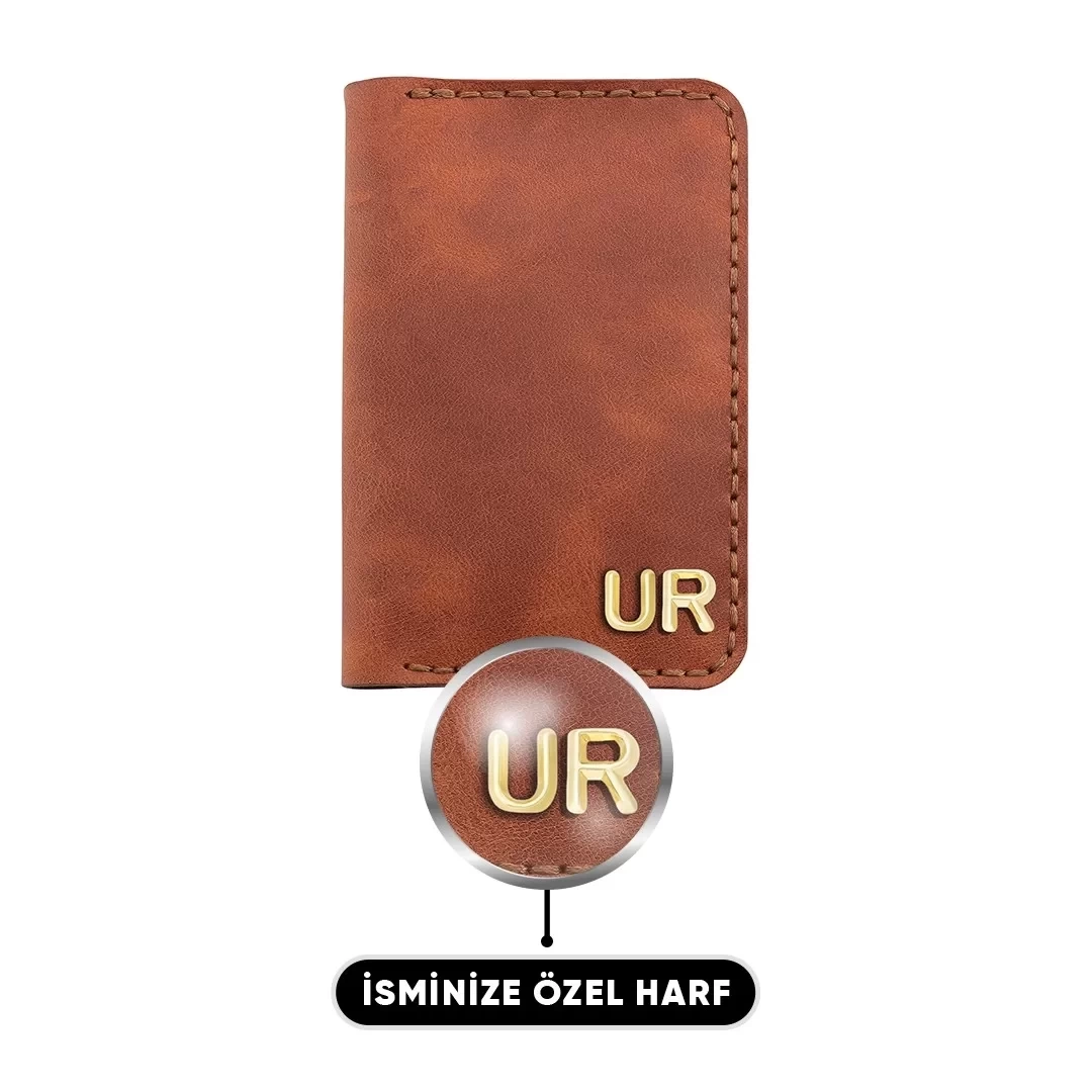 İsme Özel Dikey Mini Cüzdan - %100 Rainbow Deri - A010005 - Tobacco