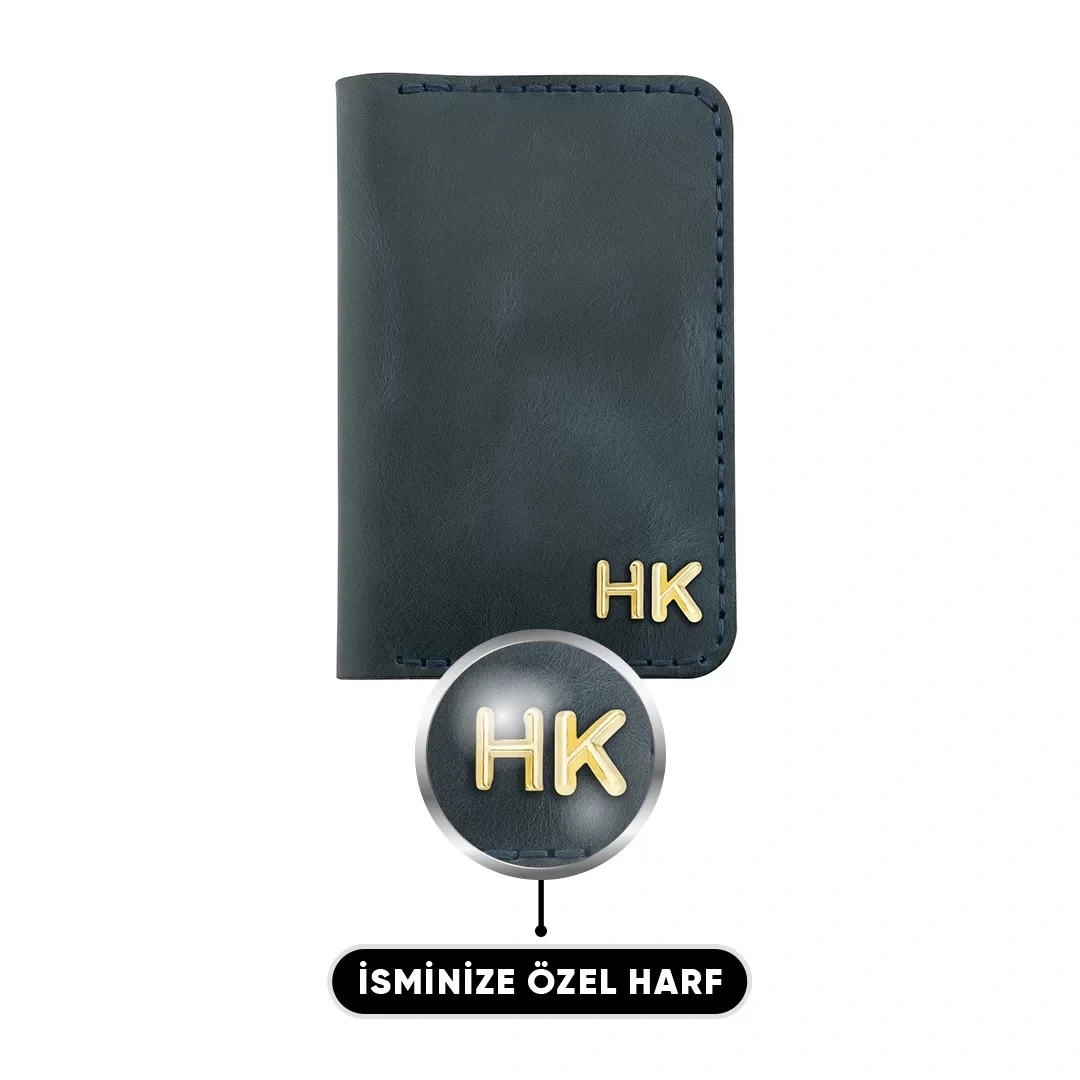 İsme Özel Dikey Mini Cüzdan - %100 Rainbow Deri - A010005 - Lacivert