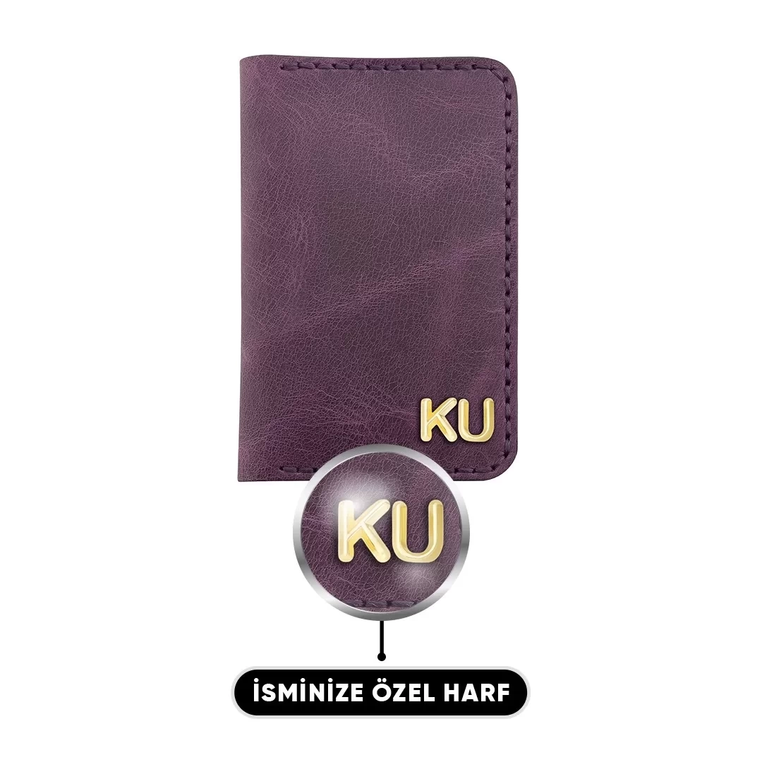 İsme Özel Dikey Mini Cüzdan - %100 Rainbow Deri - A010005 - Mor