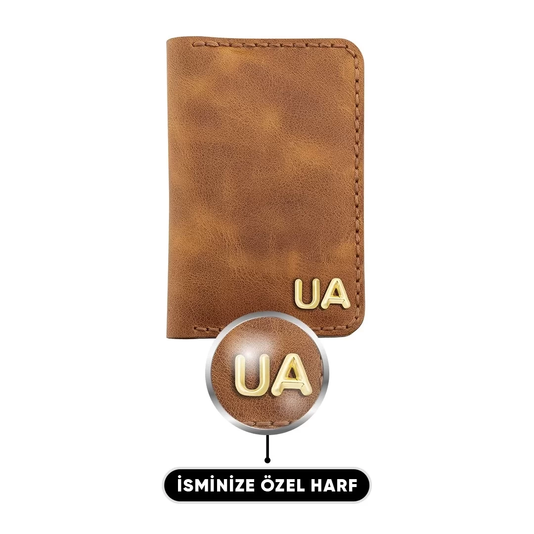 İsme Özel Dikey Mini Cüzdan - %100 Rainbow Deri - A010005 - Camel