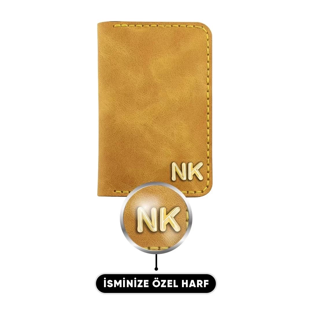 İsme Özel Dikey Mini Cüzdan - %100 Rainbow Deri - A010005 - Hardal Sarısı