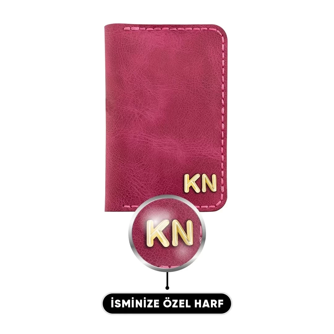 İsme Özel Dikey Mini Cüzdan - %100 Rainbow Deri - A010005 - Fuşya