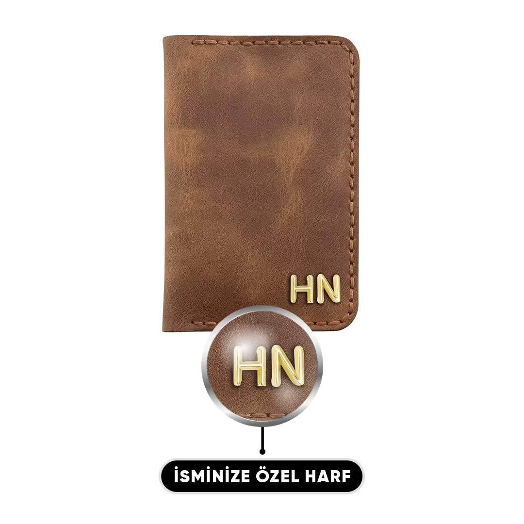 İsme Özel Dikey Mini Cüzdan - %100 Rainbow Deri - A010005 - Kahverengi