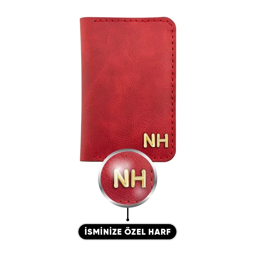 İsme Özel Dikey Mini Cüzdan - %100 Rainbow Deri - A010005 - Kırmızı
