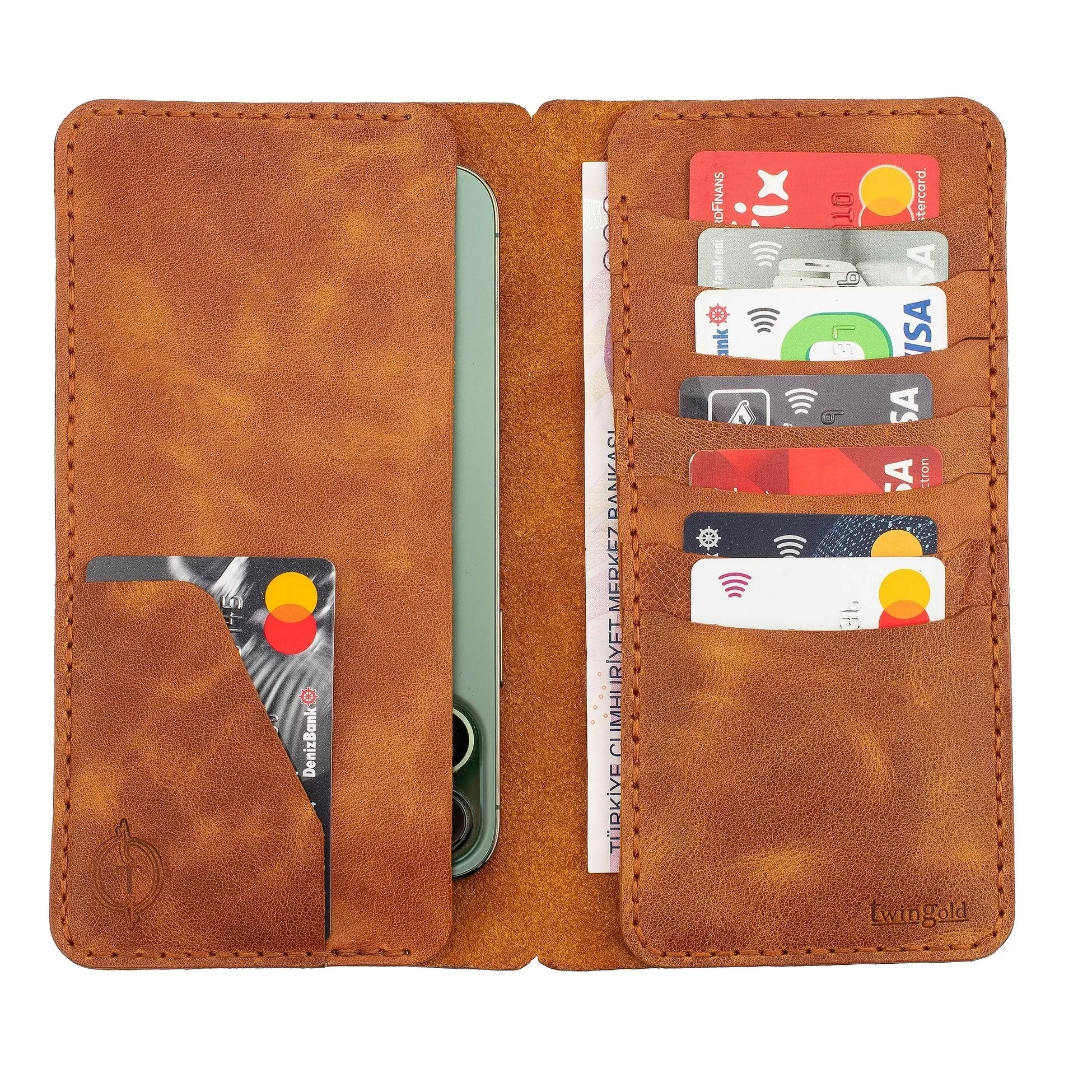 İsme Özel Dikey Uzun Cüzdan - %100 Rainbow Deri - A010007 - Camel