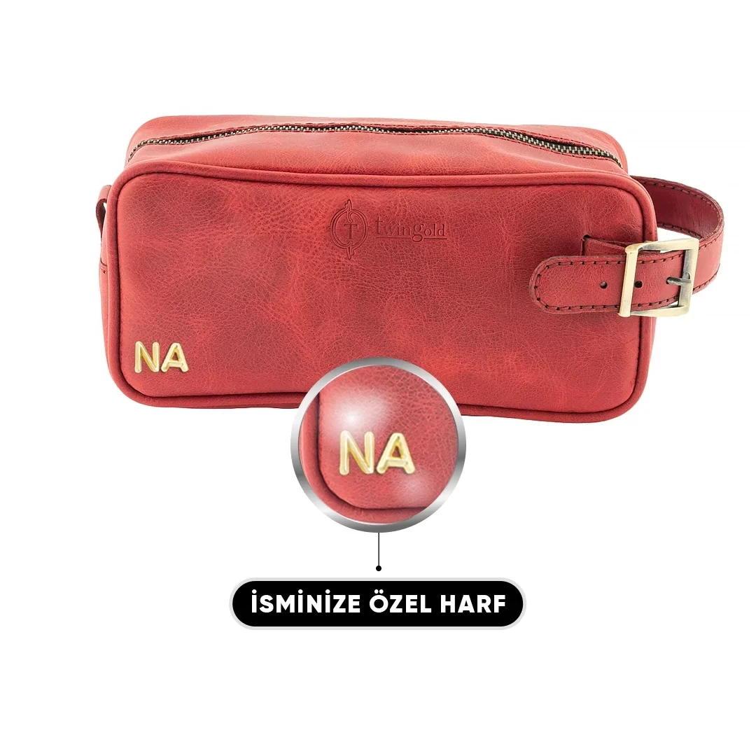 İsme Özel Dopp Kit Kişisel Bakım ve Seyahat Çantası - %100 Rainbow Deri - AC14004 - Kırmızı